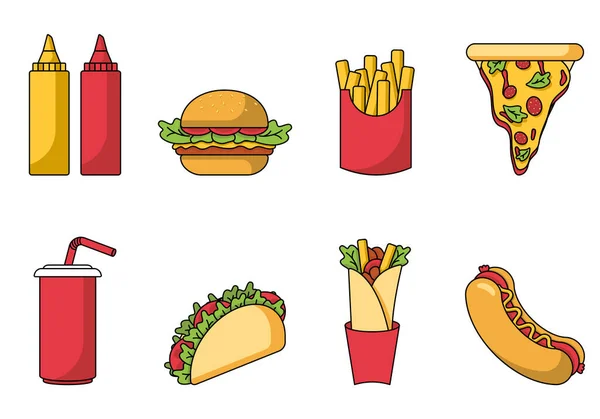 Σύνολο κινούμενων σχεδίων fast food που απομονώνονται σε μπεζ φόντο. Χάμπουργκερ, τάκος, πίτσα, χοτ-ντογκ, τηγανητές πατάτες, σόδα, σόγια, ρολό κρέατος. Εικονογράφηση διάνυσμα σε επίπεδο στυλ — Διανυσματικό Αρχείο