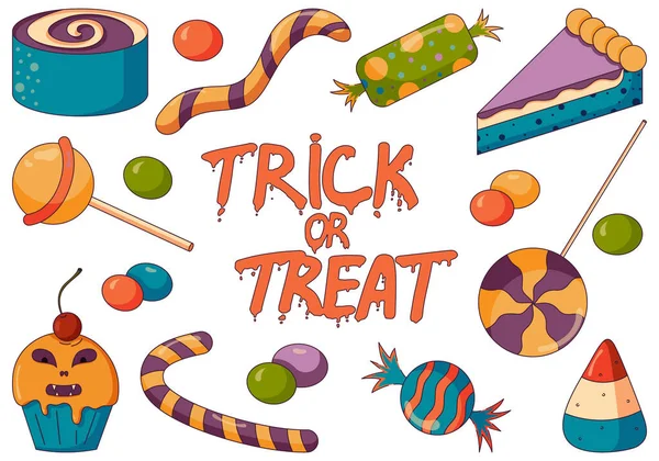 Concept illustration of trick or treat candy mix, halloween party with spooky bonbons, pies and cupcakes in a flat style isolated on a white background. — Stock Vector