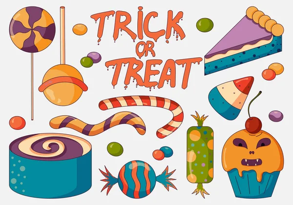 Concept illustration of trick or treat candy mix, halloween party with spooky bonbons, pies and cupcakes in a flat style isolated on a white background. — Stock Vector