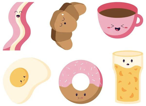 Reihe köstlicher Speisen zum Frühstück in kawaii und handgezeichnetem Stil. Eier, Kaffee, Saft, Donut, Croissant und Speck Zeichentrickfiguren. — Stockvektor