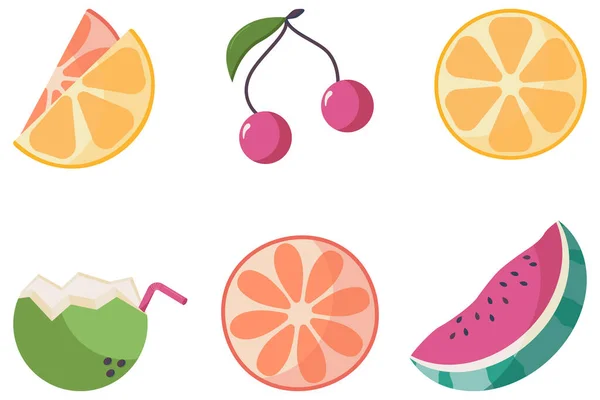 Un conjunto de jugosos iconos de frutas tropicales. Un conjunto de brillantes elementos vectoriales planos de verano. — Vector de stock