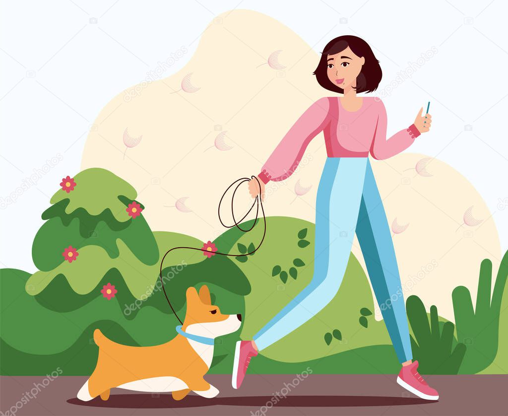 Concept illustration of girl walking with corgi in the park, illustration in a flat style isolated on abstract yellow background.