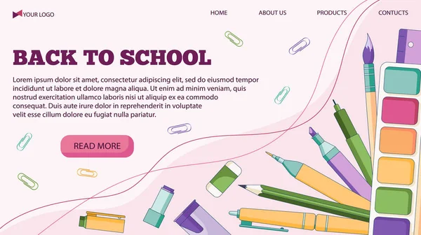 Kalemlerle ve diğer okul malzemeleriyle okula dönüş için vektör illüstrasyon şablonu düz bir şekilde.