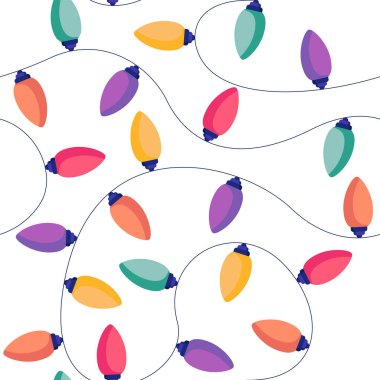 Beyaz arka planda izole edilmiş düz stil Noel ışıklarının kusursuz deseni.