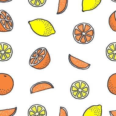 Vektör Dikişsiz desen serbest çizilmiş karikatür portakal ve limon ile