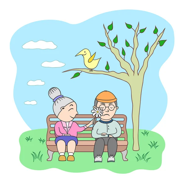 Ilustración vectorial pareja de anciana y hombre sentado en el parque — Vector de stock