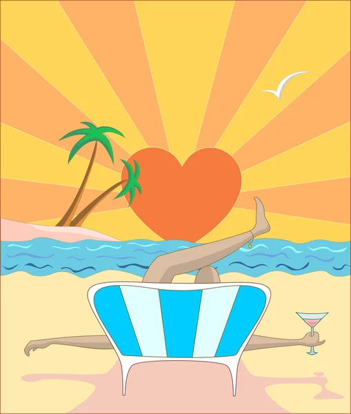 Ilustración vectorial mujer acostada en la playa al atardecer — Vector de stock