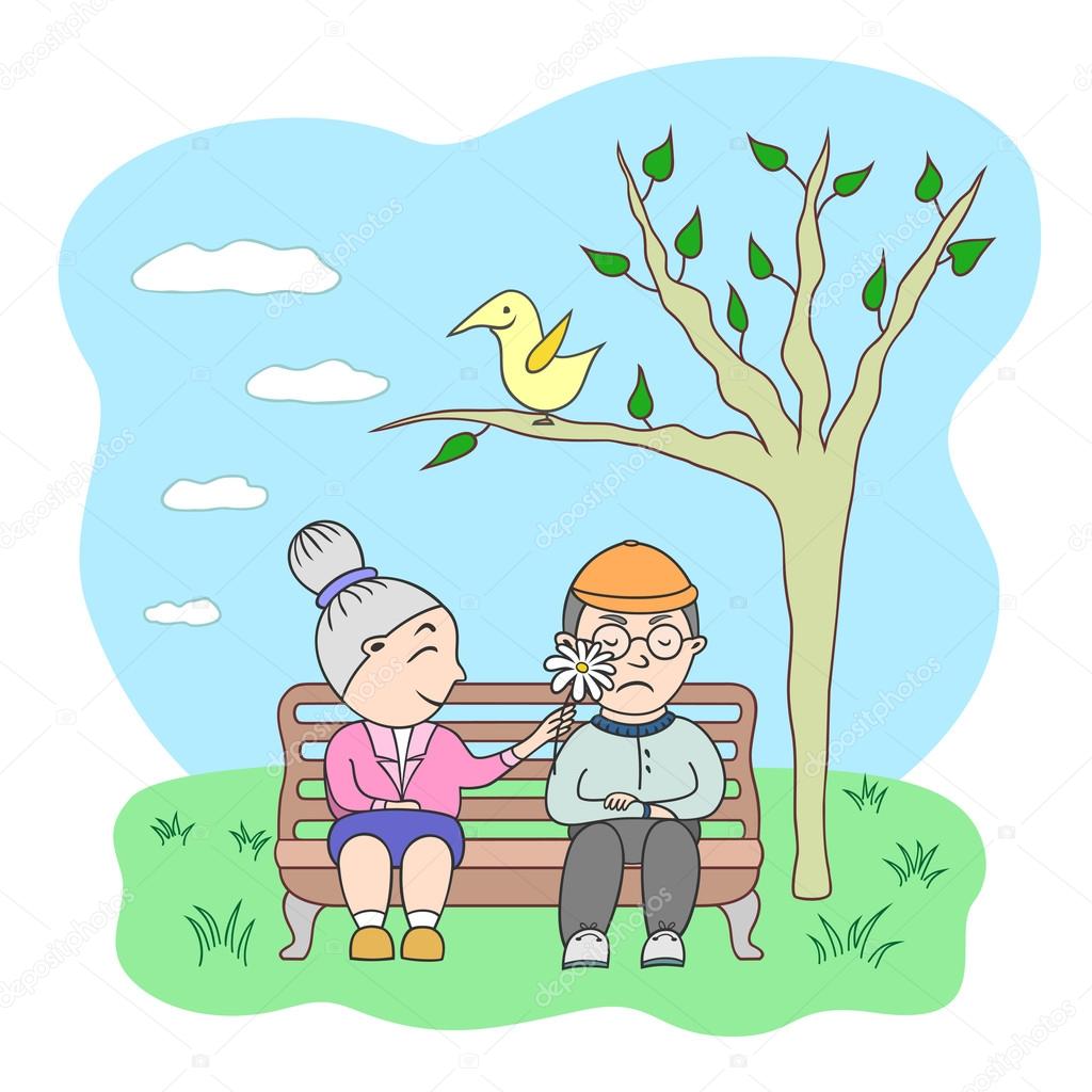Vector illustration couple of old age woman and man sitting in park