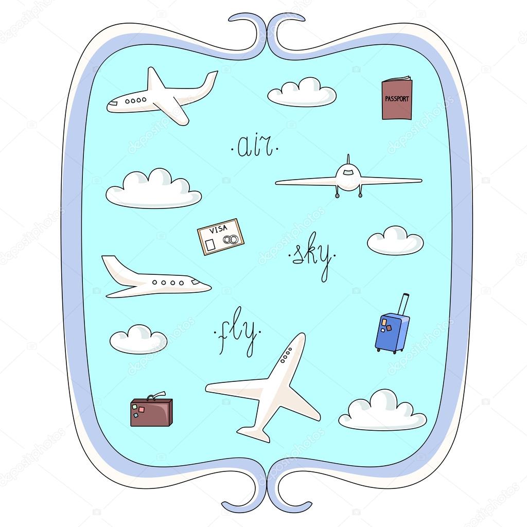 Vector illustration set planes and things connected with flights