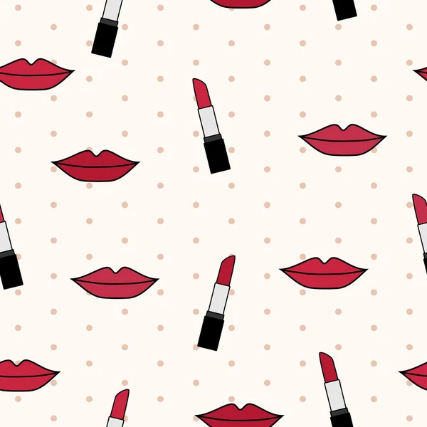 Patrón sin costura vectorial con labios rojos y lápices labiales — Vector de stock