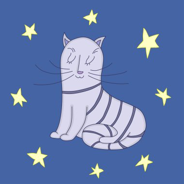 Yıldız ile mavi arka plan üzerinde izole vektör çizim mor kedi