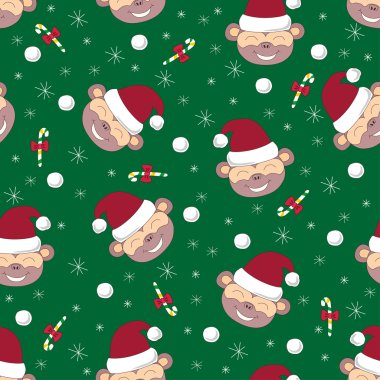 Maymunlar ve yeşil zemin üzerine kar taneleri ile vektör seamless modeli