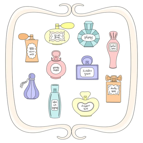Vektör çizim parfüm şişeleri farklı şekiller dekoratif çerçeve içinde ayarla.