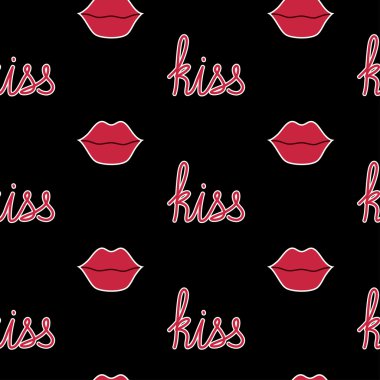 Kırmızı dudaklar ve kelime öpücük ile vektör seamless modeli