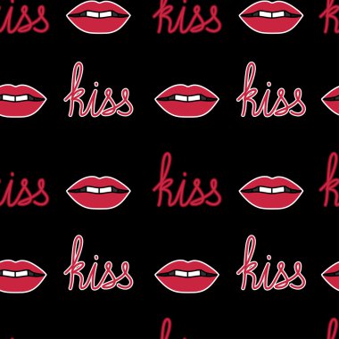 Kırmızı dudaklar ve kelime öpücük ile vektör seamless modeli