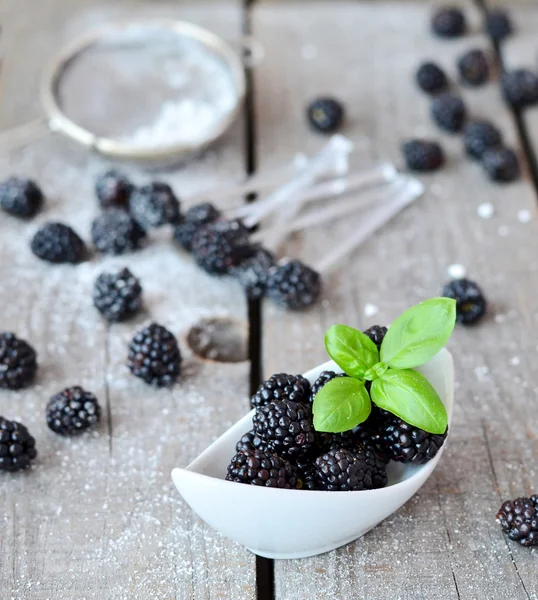 Moras en el pequeño tazón blanco con hojas de albahaca y azúcar en polvo sobre el fondo de madera vieja, enfoque selectivo —  Fotos de Stock