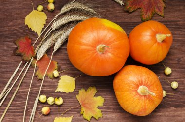 Sonbahar natürmort küçük sarı elma ve kabak ile