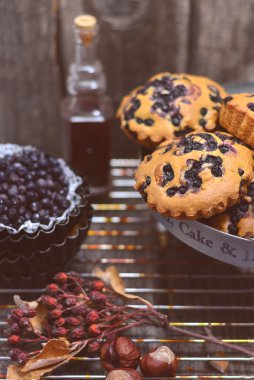 Yaban mersini, tonda fotoğraf, seçici fotoğraf, kasvetli ışık ile yüksek renkli kek