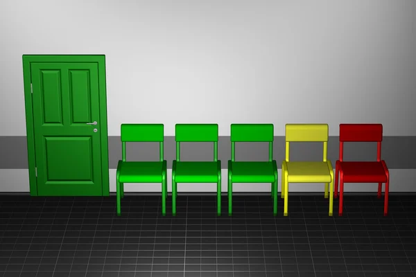 Concetto - burocrazia. Porta e cinque sedie . — Foto Stock