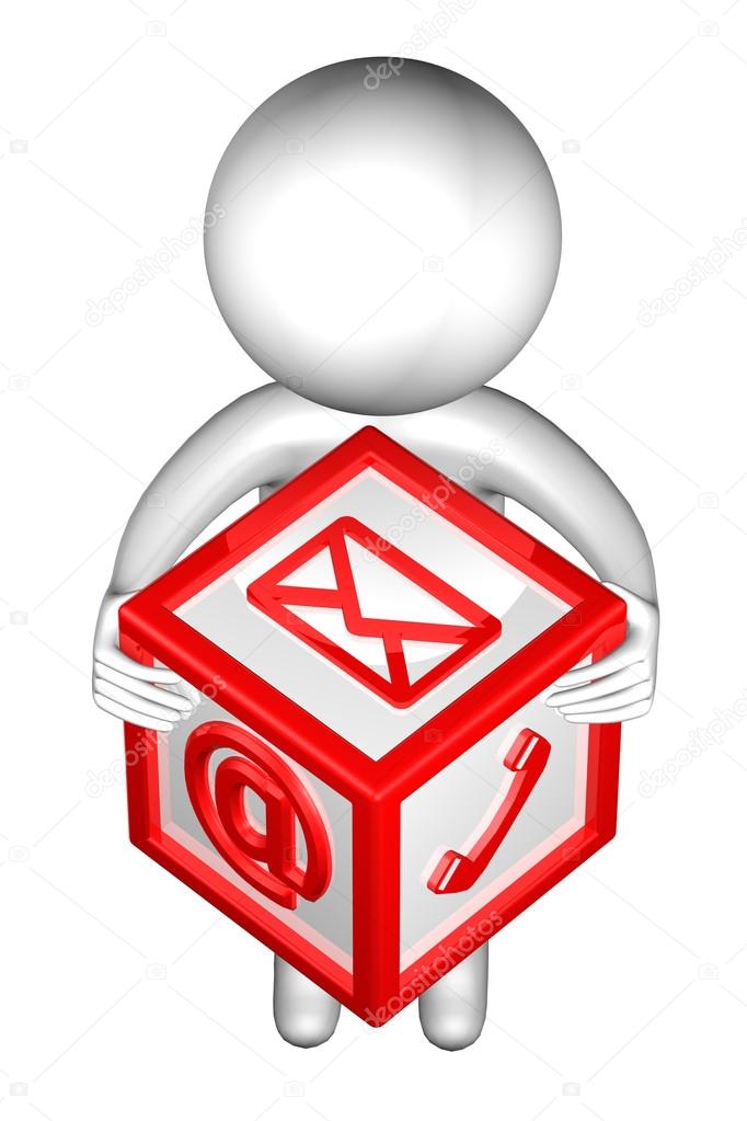 3d Man with with signs: envelope, phone, e-mail