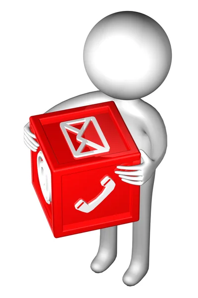 3d homem com sinais: envelope, telefone, e-mail — Fotografia de Stock