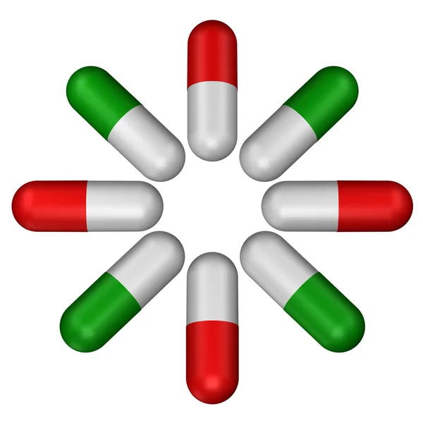 Зеленые таблетки и красные таблетки. 3D рендеринг . — стоковое фото