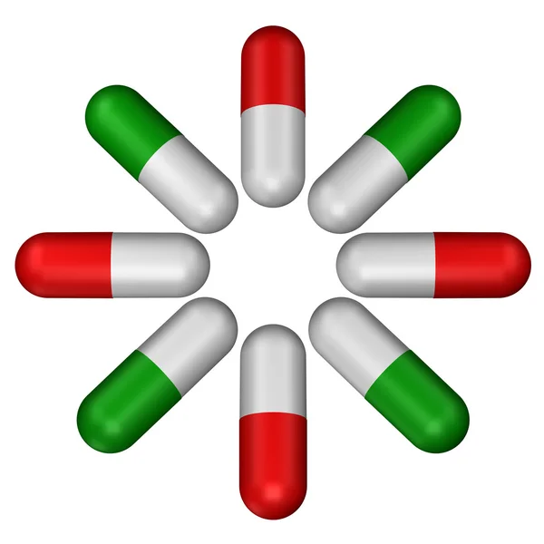 Pigułki zielone i czerwone pigułki. renderowania 3D. — Zdjęcie stockowe