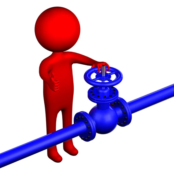 3D Man with pipeline with valve. 3D rendering. Royalty Free Stock Images