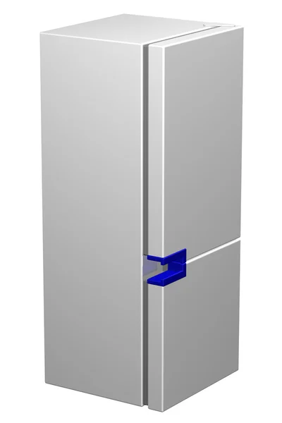 Fehér hűtőszekrény kék fogantyúval. 3D-leképezés. — Stock Fotó