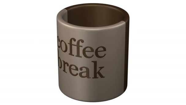 Café marrón taza con palabras café descanso vuelta. Renderizado 3D . — Vídeos de Stock