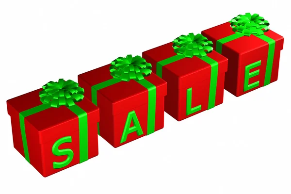 Geschenkdozen gebonden lint met een boog met woord verkoop. 3D-rendering. — Stockfoto