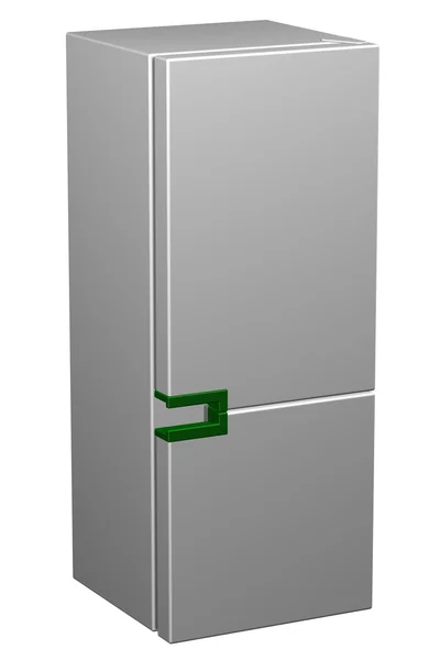 Beyaz buzdolabı yeşil saplı. 3D render. — Stok fotoğraf