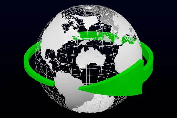 Flecha Verde Alrededor Del Modelo Transparente Del Planeta Tierra Sobre —  Fotos de Stock