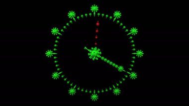 Coronavirus tecrit kavramı: koronavirüs sembollü saat yüzünün zaman atlamalı animasyonu. Döngüye tabi. Luma mat. 3B görüntüleme.