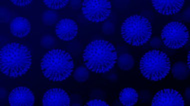 Coronavirus koyu mavi arka planda ilerliyor. Makro. Döngüye tabi. 3B görüntüleme.