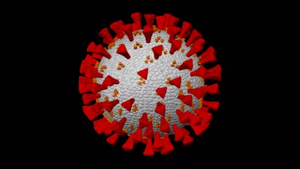 Coronavirus Blanco Rojo Giran Sobre Fondo Negro Macro Loopable Luma — Vídeos de Stock
