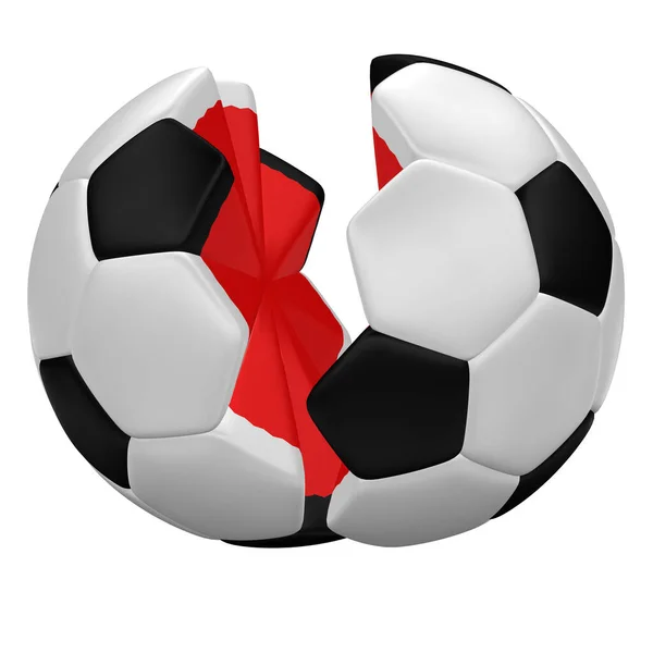 Bola Futebol Divide Duas Partes Separadas Isoladas Fundo Branco Macro — Fotografia de Stock