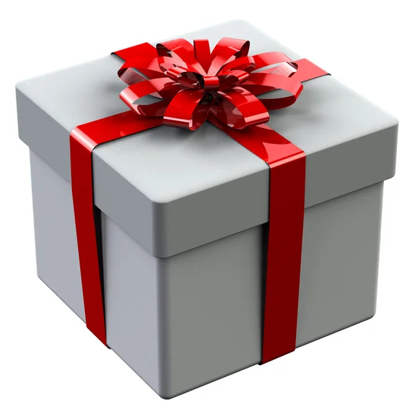 Белая подарочная коробка, перевязанная красной лентой бантом — стоковое фото