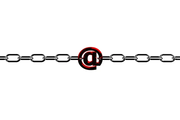 Красный символ "at" на цепи, выделенной на белом фоне — стоковое фото