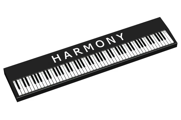 Zwarte piano met woord harmonie — Stockfoto