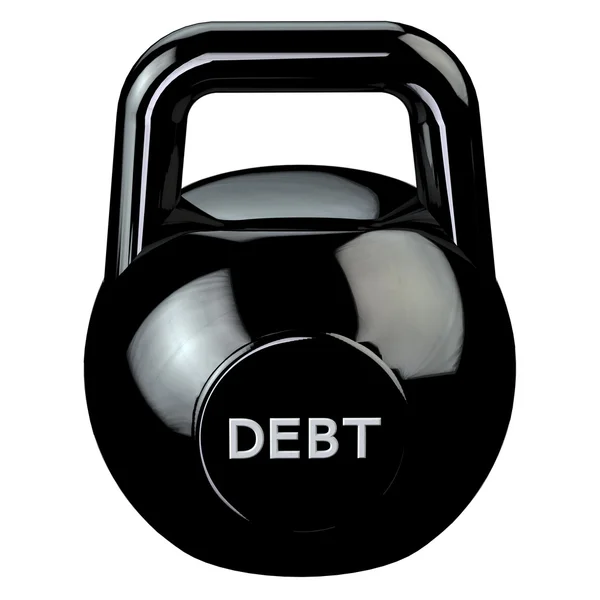 Finance koncept: svart kettlebell med ordet skuld — Stockfoto