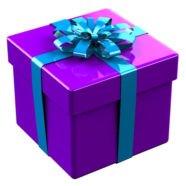 紫のギフト ボックスは、弓で青リボンタイ — ストック写真