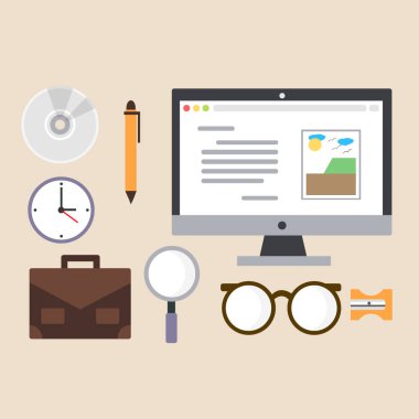 Düz dizayn edilmiş ofis ekipmanları. Bilgisayar, kalem, disk sürücü, saat, büyüteç, çanta, gözlük, bileyici..