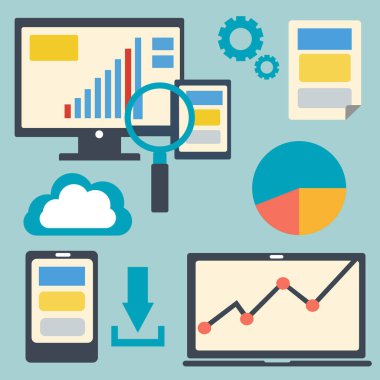 Düz dizayn edilmiş bir buluşma çizelgesi seti. Bilgisayar ekranı, tablet, büyüteç, laptop, bulut, indirme işareti, toplantı malzemesi için pasta grafiği