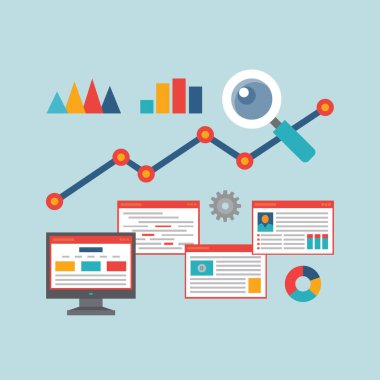 Düz dizayn edilmiş bir buluşma ekipmanı seti. Bilgisayar, grafik, pasta grafiği, bilgisayar ekranı, büyüteç ve üçgen çizelgesi.