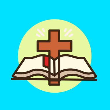 Mavi arkaplanda İncil kitabı simgesi ve kahverengi çapraz vektör çizimi