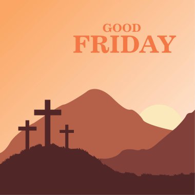 Golgotha tepesinde gün batımına karşı üç haç vektör stili, posterler ve iyi cuma selamları için.