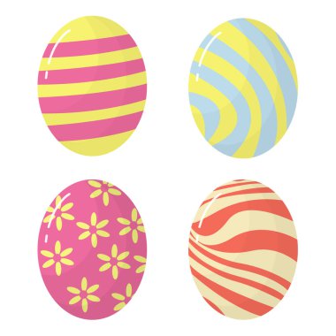 Beyaz bir arka planda farklı dokulara sahip bir dizi Paskalya yumurtası. Tatil. Vektör İllüstrasyonu. Mutlu Paskalya yumurtaları.