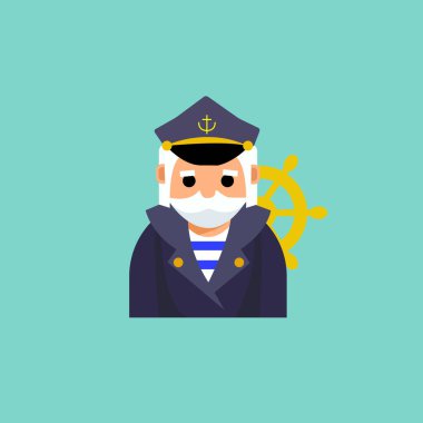 Vektör stili bir gemi kaptanının mesleği. Üniformalı ve renkli geçmişli farklı profesyonel erkek ve kadın çizgi film karakterleri.