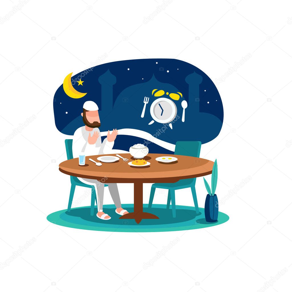 Vector illustration of a Muslim man praying for suhoor at dawn, getting ready to eat suhoor food, in flat vector style